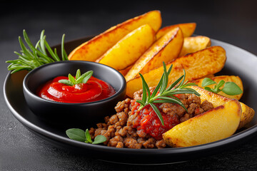 Delicious plate of crispy golden potato wedges, seasoned ground beef, fresh arugula, and vibrant tomato sauce, showcasing a hearty meal with rich flavors and textures