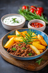 Delicious plate of crispy golden potato wedges, seasoned ground beef, fresh arugula, and vibrant tomato sauce, showcasing a hearty meal with rich flavors and textures