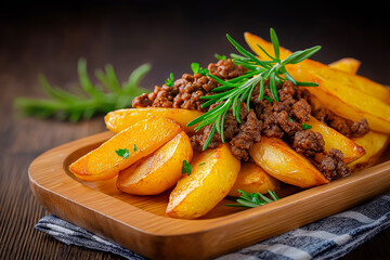 Delicious plate of crispy golden potato wedges, seasoned ground beef, fresh arugula, and vibrant tomato sauce, showcasing a hearty meal with rich flavors and textures