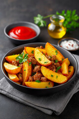 Delicious plate of crispy golden potato wedges, seasoned ground beef, fresh arugula, and vibrant tomato sauce, showcasing a hearty meal with rich flavors and textures