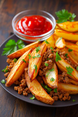 Delicious plate of crispy golden potato wedges, seasoned ground beef, fresh arugula, and vibrant tomato sauce, showcasing a hearty meal with rich flavors and textures