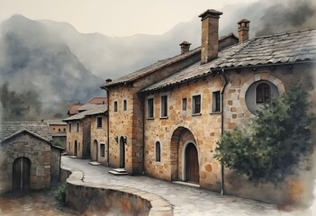 : Quaint stone village nestled in the misty mountains.