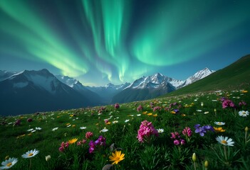 Mountain Meadow Illuminated by the Northern Lights Display.