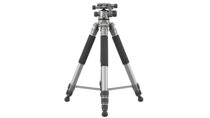 Silver and black professional camera tripod with adjustable legs and feet on white background with professional equipment and photography gear
