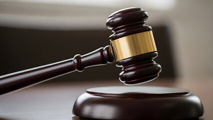 A wooden judge's gavel resting on a sound block in a courtroom setting with gold band