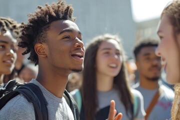 A young man with textured hair and a backpack smiles and talks in a diverse outdoor group, sharing ideas and enjoying the bright sunny day.