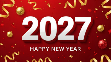 Vibrant 2027 happy new year celebration background with golden decorations and confetti