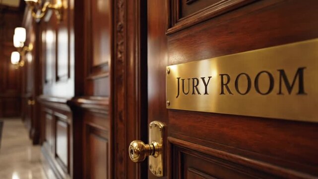A video showcasing a jury room door with a gold plaque in a courtroom hallway with wooden paneling and sconce lighting.