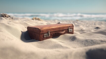 Beach baggage partially buried in sand shows travel disruption and lost luggage moment during vacation journey, clear pause in movement, coastal travel stress concept with strong visual focus