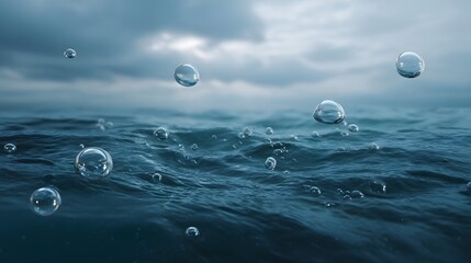 Translucent air bubbles ascend from the dynamic dark blue ocean waves beneath a moody overcast sky