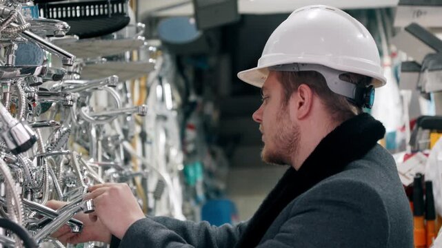 Engineer in a hard hat inspecting goods in a store.