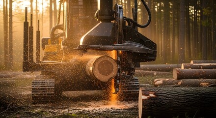 Industrial forestry machine cutting timber logs in a sunlit forest environment