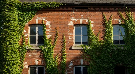 Vibrant green ivy aggressively climbs the weathered red brick exterior wall surrounding old arched windows under sunlight.