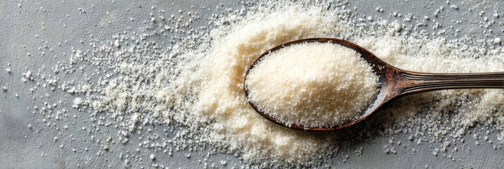 Wooden spoon with coarse sea salt on textured gray surface, evoking holiday cooking, winter recipes, and festive kitchen inspiration