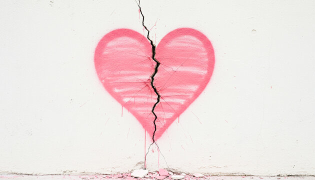 Pink broken heart shape graffiti split by wall crack symbolising heartbreak and emotional separation, romantic relationships, divorce