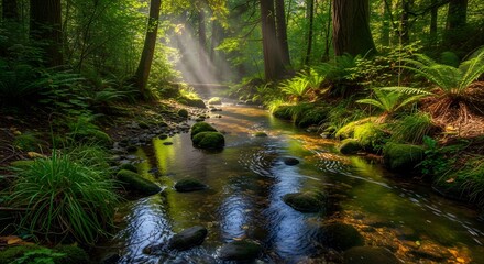 Sunlight streams through a dense vibrant green forest canopy illuminating a moss covered stream flowing over smooth wet rocks.