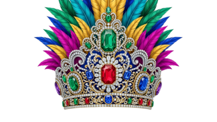 Exquisite jeweled crown adorned with vibrant feathers and precious gemstones
