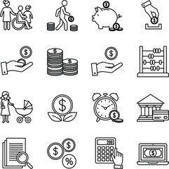 Savings and social security line icons featuring piggy banks pension planning disability support family budgeting and financial assistance.