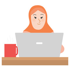 Vector illustration of a hijabi muslim woman working on laptop (remote illustration)