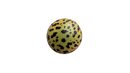 A vibrant green egg with black and brown spots on a dark background
