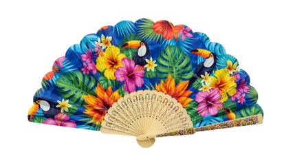Tropical toucan and hibiscus flower fan with intricate wooden handle and blue background