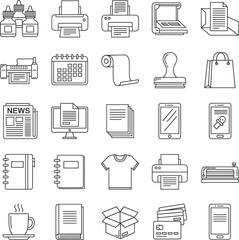 Printing and document services line icons featuring desktop printers scanners ink bottles notebooks newspapers and office publishing equipment.