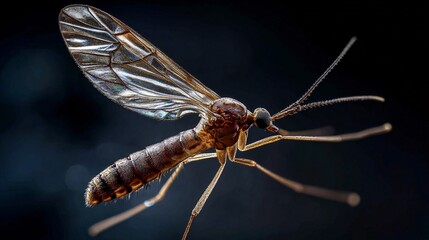 Close-up of a flying insect with transparent wings on dark background