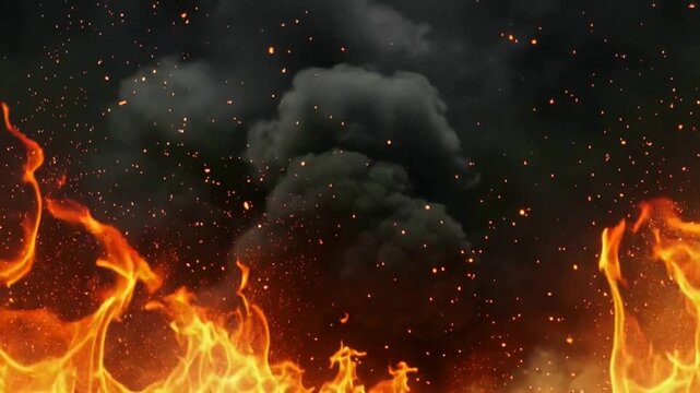 Intense flames and burning fire with smoke sparks and embers creating dramatic inferno effect on dark background for compositing. Cinematic wallpaper