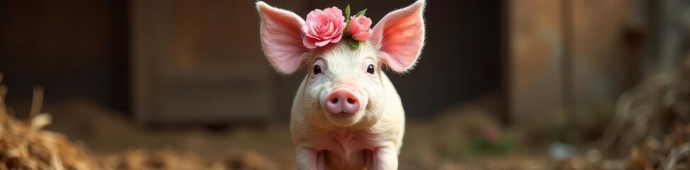 Fototapeta premium Fashionable piglet with flower crown, rustic farm backdrop, farm, nature, summer
