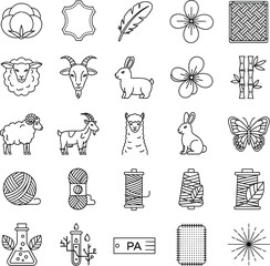 Textile raw materials line icons set featuring cotton wool leather silk bamboo and various animal fiber source symbols.