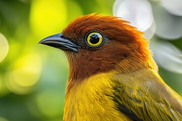 A small bird with orange and yellow feathers looks with its bright eye.