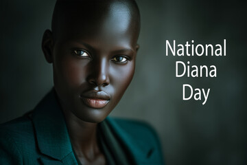 A woman with a shaved head wearing a dark green blazer poses against a muted dark background. National Diana day concept