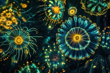 Glowing ocean flowers bloom with light underwater.
