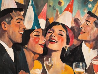 People wear party hats and smile while holding drinks at a celebration.