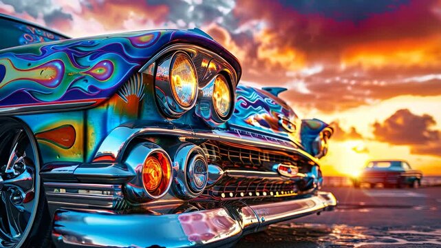 Vibrantly painted classic lowrider car parked at sunset on wet pavement.