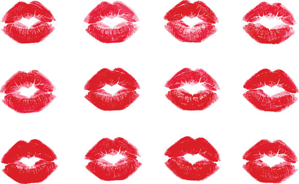 Red lipstick kiss marks pattern, romantic love beauty texture, glamorous makeup lips background isolated on white design