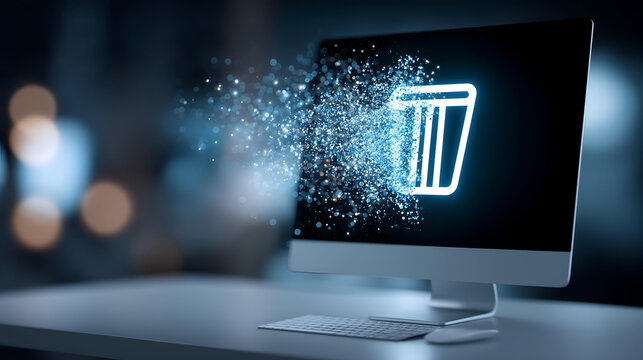 A modern computer screen displaying a digital trash bin icon, symbolizing data deletion and cyber management. Evokes thoughts on digital organization.
