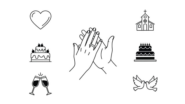 Wedding icons including clasped hands church heart cakes and doves with love and romance and marriage and celebration and line drawing and engagement