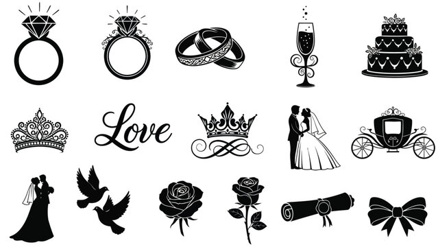 Black and white wedding icons set including rings crowns carriage cake and love symbols for marriage invitations and decorations with illustration