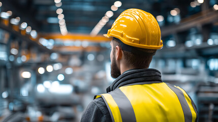 A focused construction worker wearing a safety helmet and reflective vest, observing operations in a modern industrial warehouse environment.