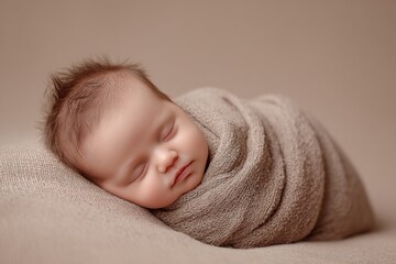 Adorable newborn baby sleeping peacefully swaddled tightly in soft brown textured fabric resting their head upon a cozy blanket during a professional studio portrait session.