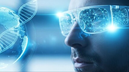 A man wearing futuristic augmented reality glasses looking at a global network and dna data - Powered by Adobe