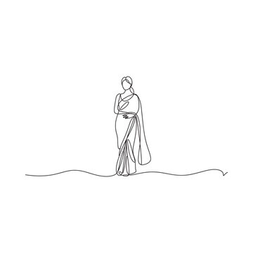 Elegant woman in a traditional sari depicted with a single continuous line
