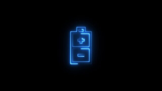 Blue neon battery icon with plus and minus signs on black background