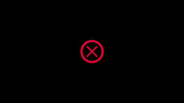 Red Cross mark icon symbolizing error or cancellation. Cross mark indicates failure. Animated cross mark on a black background. 4k video