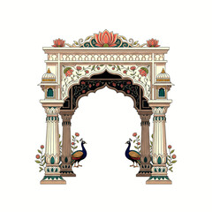 Ornate archway with intricate floral and two peacocks standing at the base with lotus isolated on a transparent background