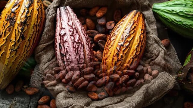 Close-up of colorful cacao pods and cocoa beans in burlap sacks for chocolate production.