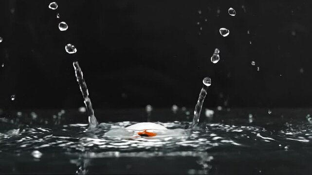 Close-up of water splash with a red object creating a single droplet impact.