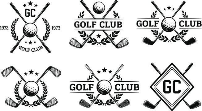 Vintage golf club logo badges illustration showing crossed clubs ball laurel and stars, retro sports emblem collection for branding vector design
