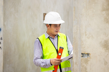 measurement horizontal deviation of construction. Balance Bubble level ruler, Tools equipment building and engineering. Civil engineer Asian man in safety hard hat helmet working at construction site